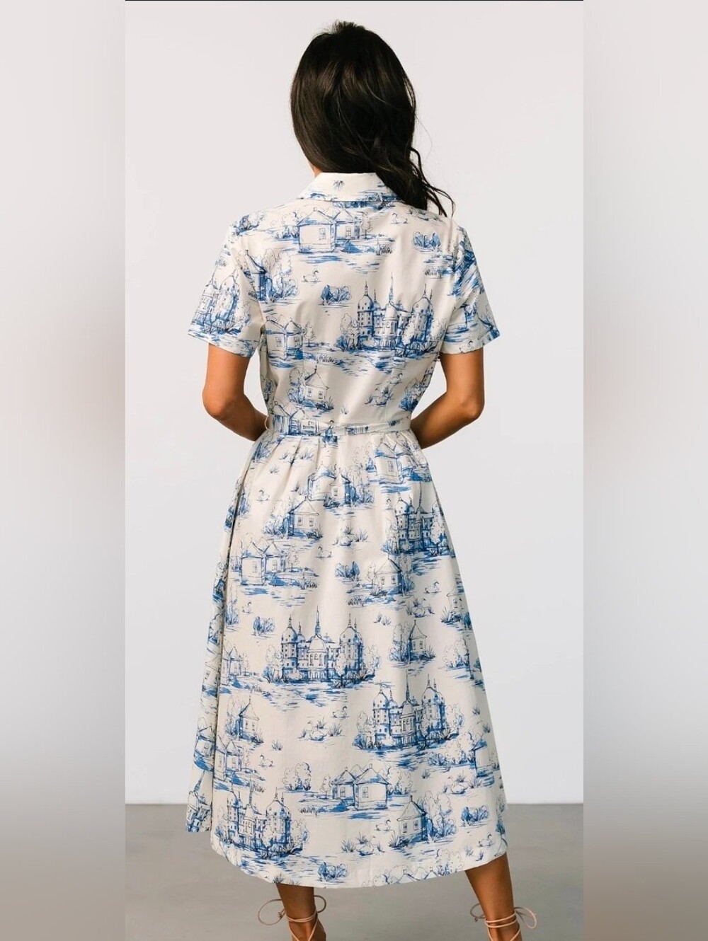 NWT Baltic Born Layne Holland Toile Midi Dress Cream Blue Tie Waist Size S - Picture 4 of 11